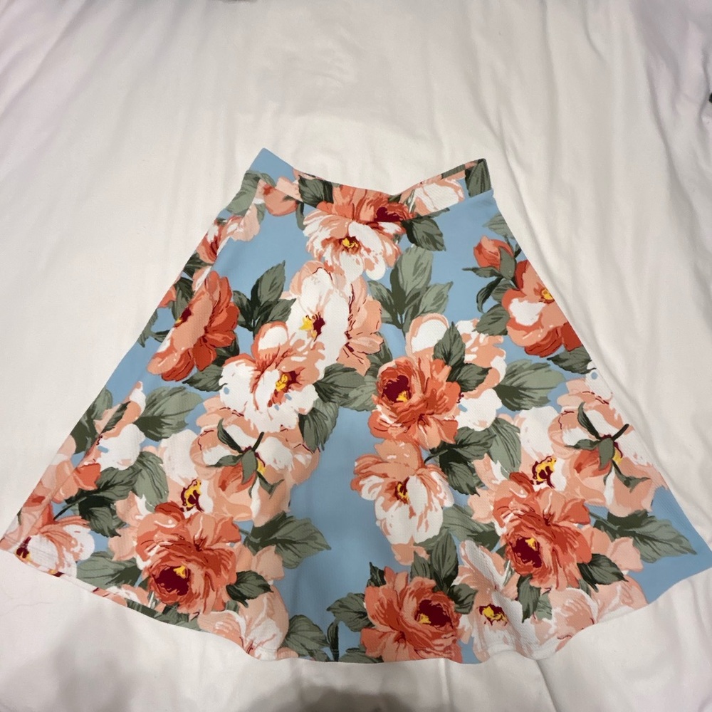 Faith and Joy Floral A-Line Skirt - Blue and Orange, pink, green midi